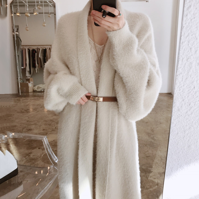 Winter Sweater Cardigan Long Solid White Mink Fur Elegant Office Lady Korean Oversize Sweater Coat Women Clothing Woman Knitwear alx