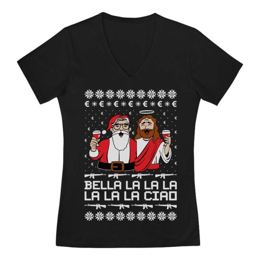 Bella Ciao Ugly Christmas Santa El Profesor & Berlin V-Neck Fitted Women T-Shirt