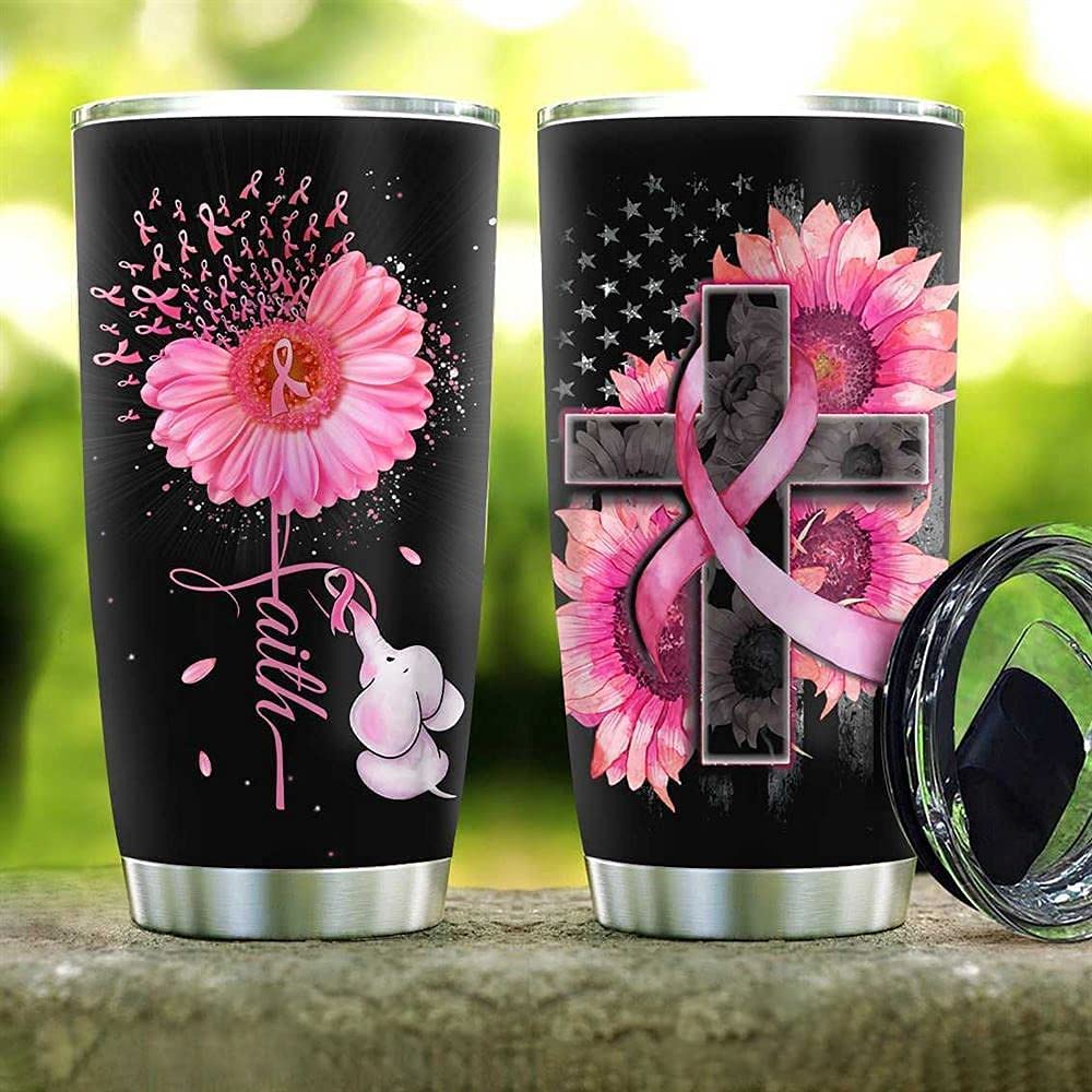 Breast Cancer Elephant Cross Tumbler 20Oz Tumblers And Skinny Tumbler With Straw Stainless Steel Double Wall Insulated Cups With Lid Travel Mug