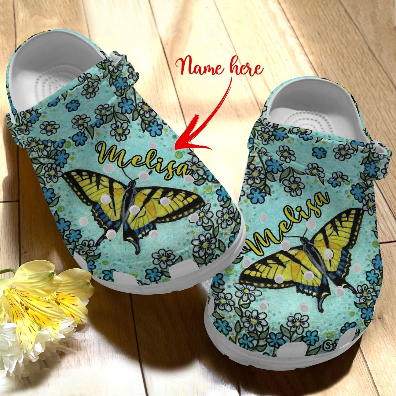 Butterfly Personalized Personalize Clog, Custom Name, Text, Fashion Style For Women, Men, Kid, Print 3D Whitesole Flowery