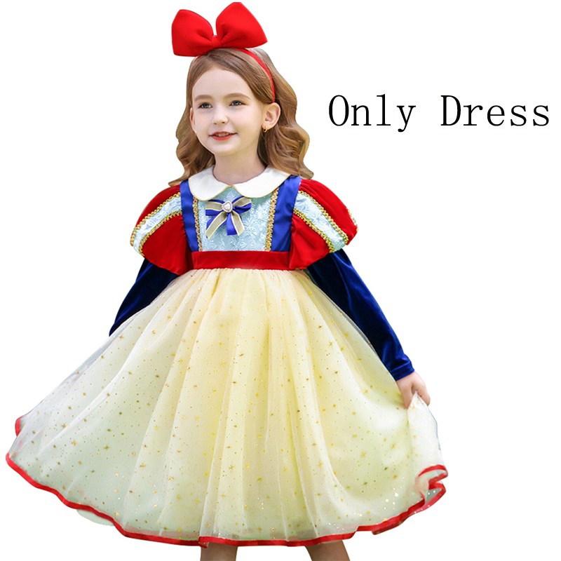 VOGUEON Velvet Puff Sleeve Princess Dress Girls Peter Pan Collar Bowknot Clothing Children Fancy Snow White Cosplay Costume Kids alx