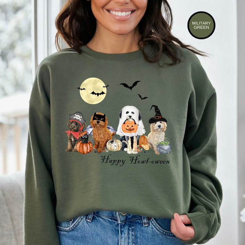 Halloween Dogs Sweatshirt, Ghost Doodle Dogs Halloween Crewneck Sweatshirt All Over Print Sweatshirt For Women Sweatshirt For Men