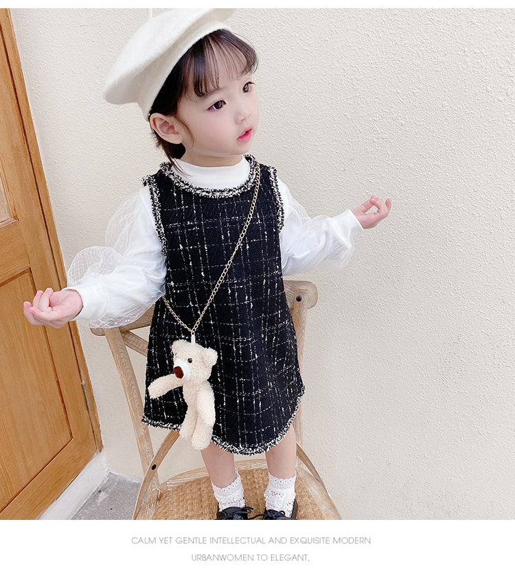 2021 Girls Spring Autumn Clothing Set Mesh Lace Sweaters+plaid Dress+cute Bear,Kids Elegant Birthday Suits Children Clothes alx