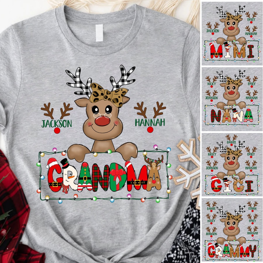 Custom Christmas Cute Reindeer Grandma Shirt, 2022 Reindeer Grandma Longsleeve Custom Kidnames, Custom Nana Mimi Sweatshirt For Christmas