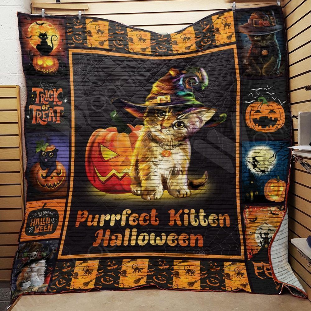 Cat Purrfect Kitten Halloween Trick or treat Quilt Blanket