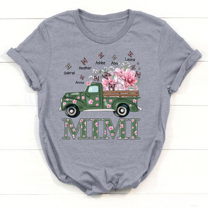 Personalized Flowers Spring Truck Grandma Shirt With Grandkids Butterflies Name Shirt