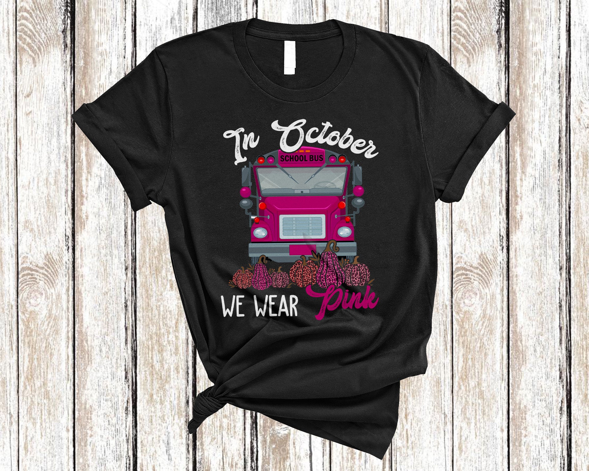 We Wear Pink In October Cute Breast Cancer Awareness School Bus Pink Pumpkin Leopard T-Shirt