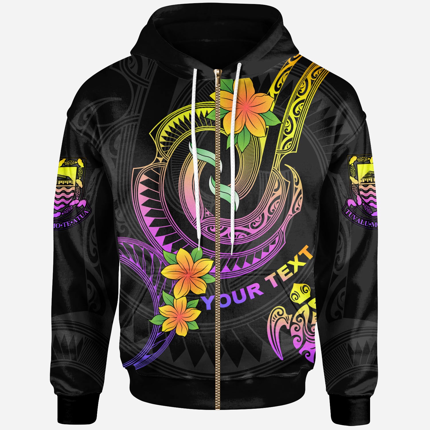 Tuvalu Custom Personalised Zip-Up Hoodie – Plumeria Flowers with Spiral Patterns – BN26