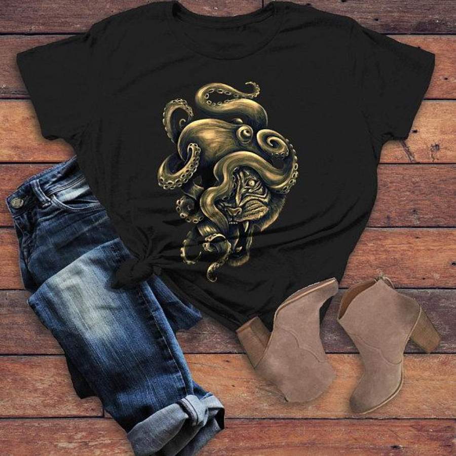 Women’s Octopus T Shirt Hand Drawn Hipster Shirts Octotiger Tiger Graphic Tee Cool Drawing