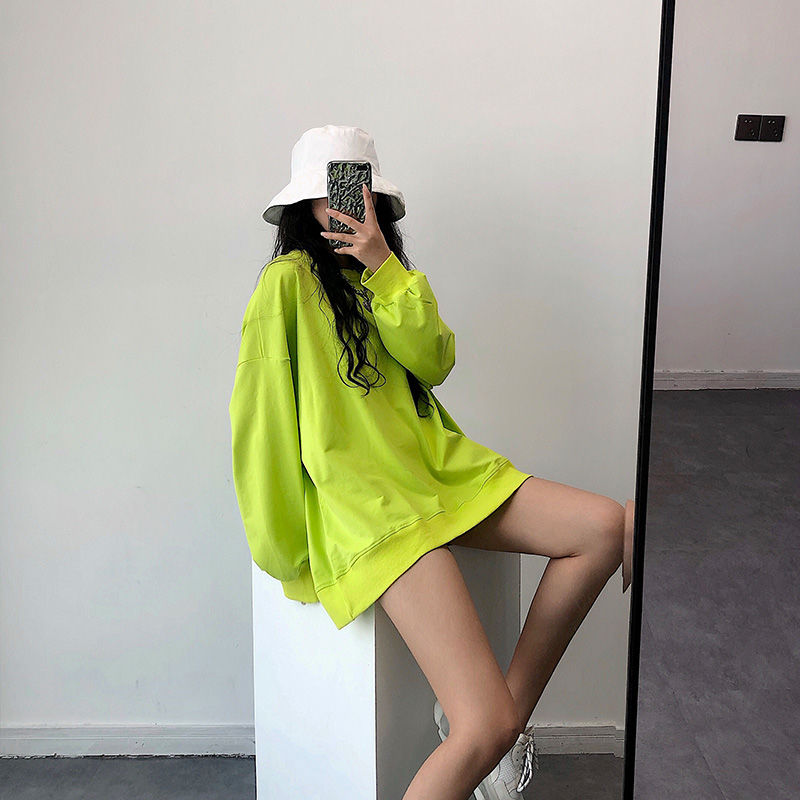 Spring Autumn Thin New Women Korean Fashion Loose Solid Color Pullovers Ladies Round Neck Neon Green Casual Sweatershirt Tops alx