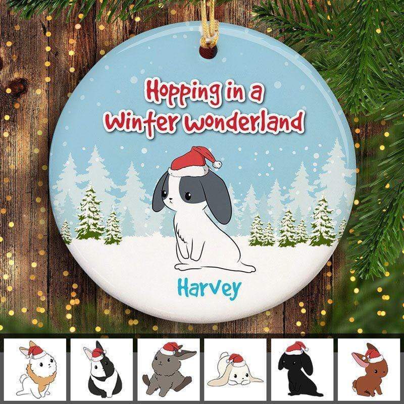 Rabbit Hopping In The Winter Wonderland Circle Personalized Decorative Christmas Ornament