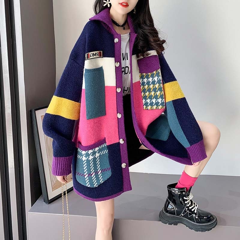 2021 Autumn Winter Women Long Cardigan Contrast Print Pocket Button Oversize Sweater Cardigan Female Street Jacket Coat alx