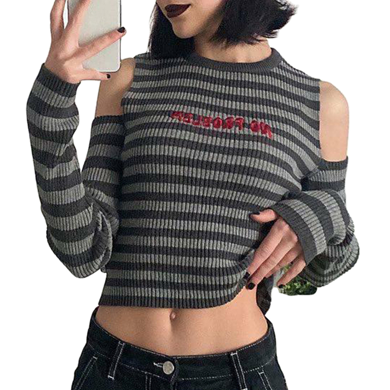 Xingqing Gothic Sweater for Women Letter Striped Cold Shoulder Long Sleeve Tops 2000s Clothes y2k Aesthetic Punk Style Pullovers alx