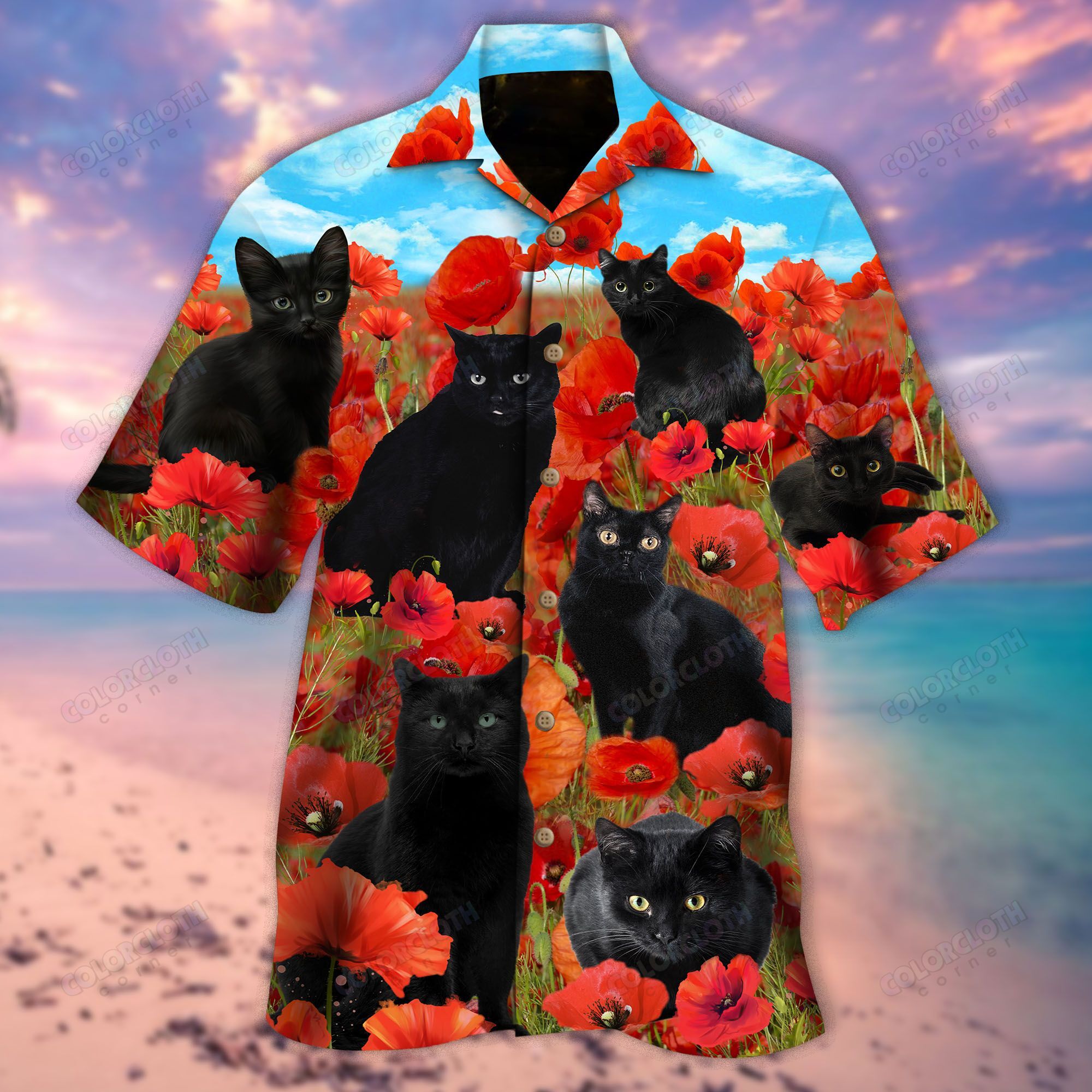 Black Cat Behind The Poppy Flowers Unisex Hawaii Shirt Ha6554