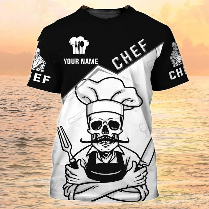 Customized 3D Master Chef Shirt Black And White Pattern, Skull Chef Shirt Men Women