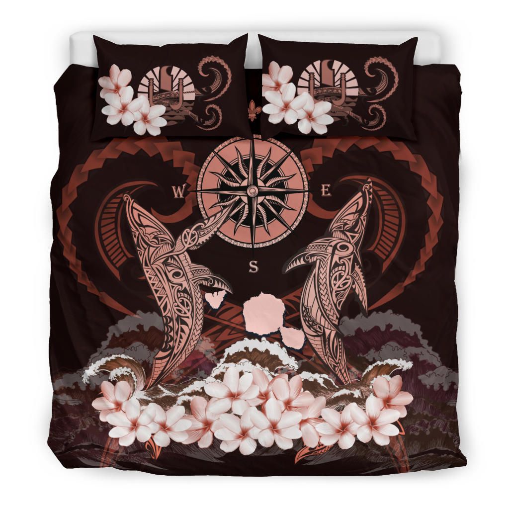 Alohawaii Bedding Set – Cover And Pillow Cases Tahiti – Shark Polynesia Compass Plumeria Pink A24