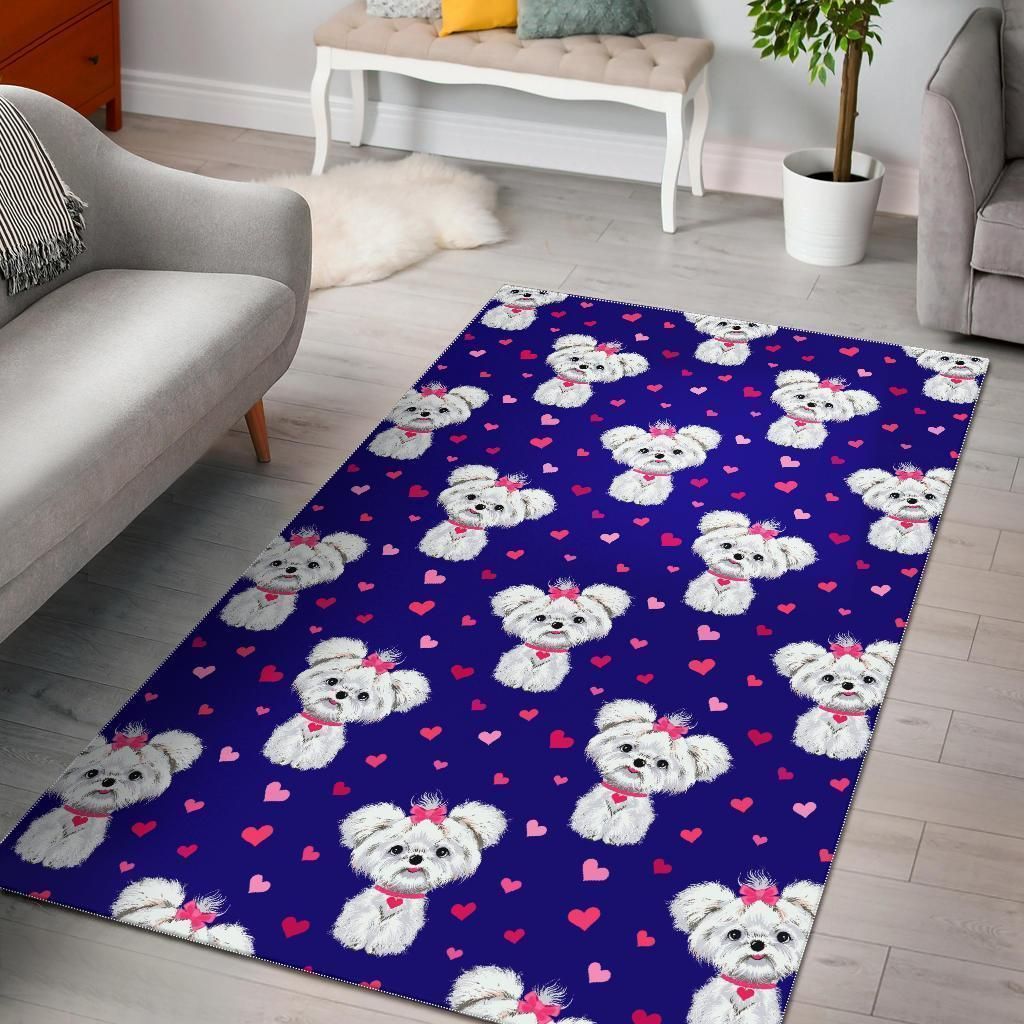 Puppy Dog Maltese Pattern Print Area Rug, Dining Room Rugs