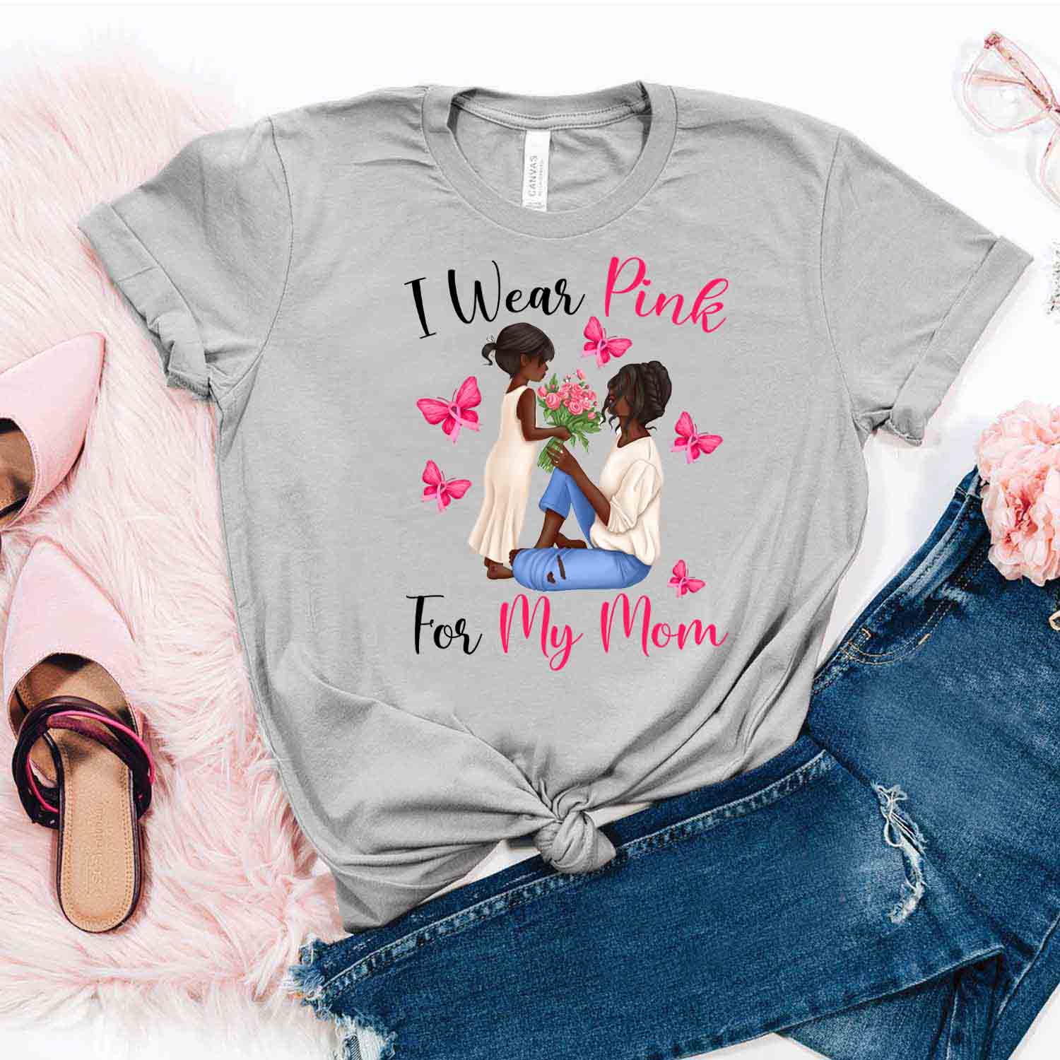 Daughter Gives Flowers To Mom Shirt Wear Pink For Mother – Breast Cancer Awareness T-Shirt Christmas Gifts For Mom Friends Hoodies Sweater Pink