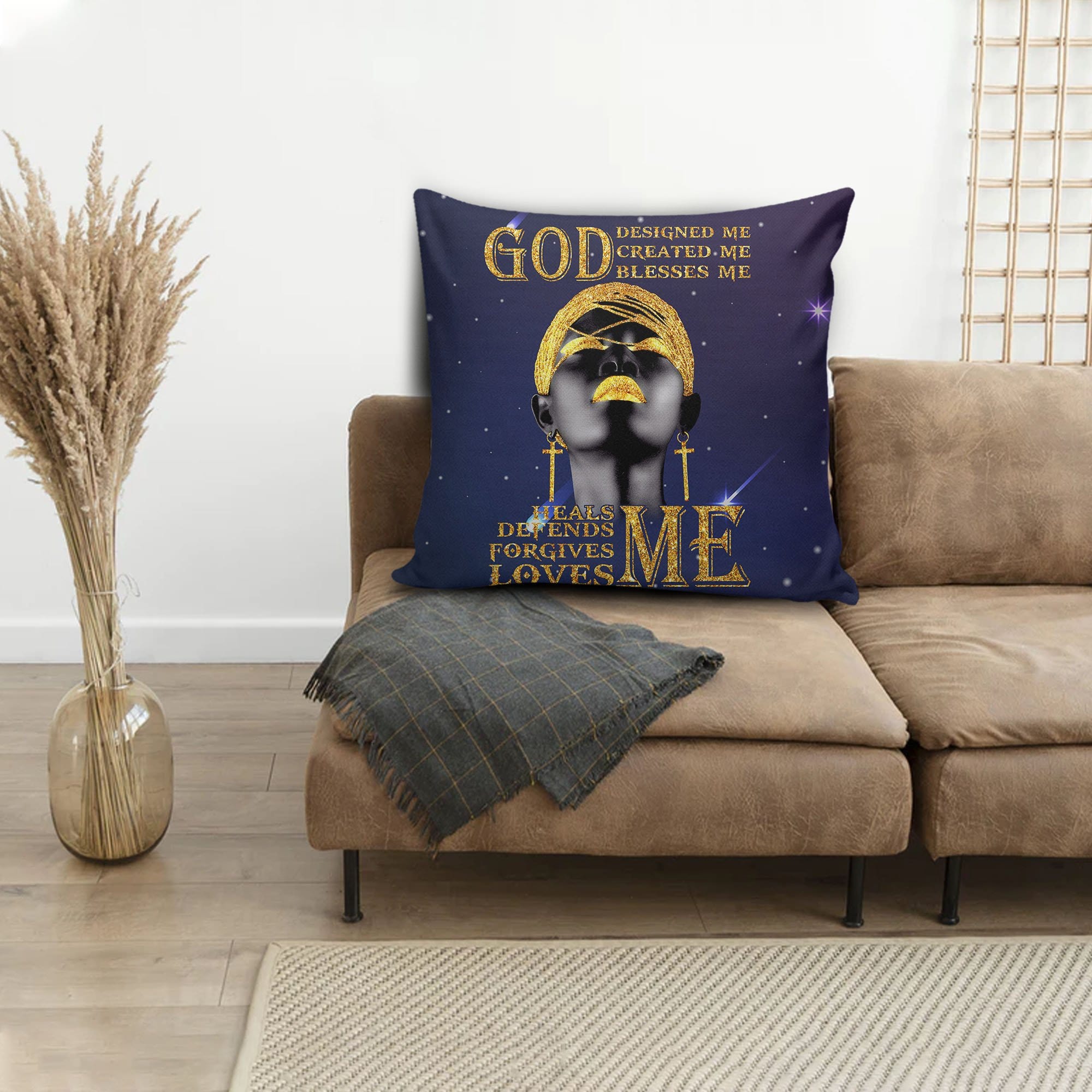 African Print Pillows Black Woman God Designed Created Blessed Heals Defends Forgives Loves Me Square Throw Pillow Afrocentric Decorative Pillows