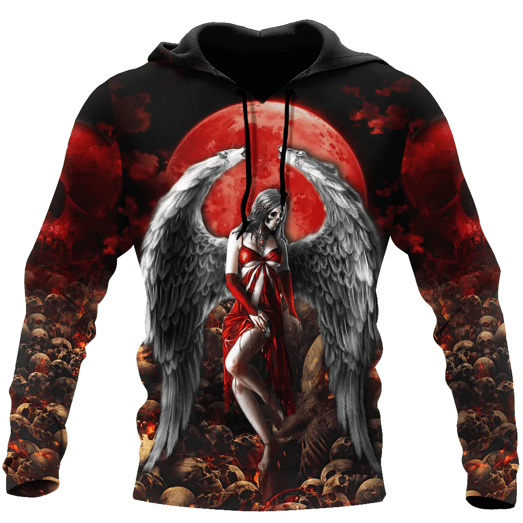 Gothic Angel Skull Blood Moon All Over Printed Hoodie, Angel Skull Hoodie For Men And Women