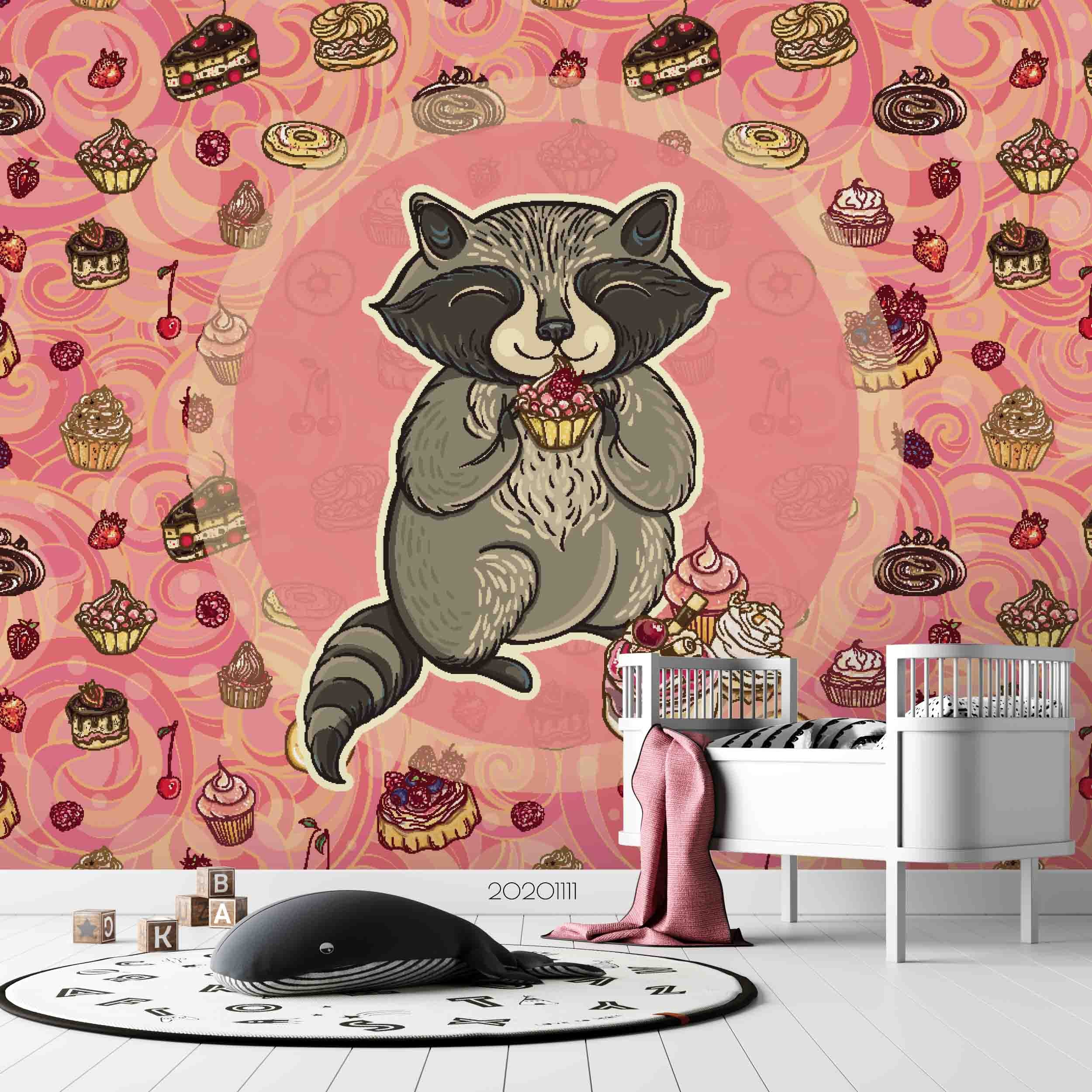 3D Cartoon Raccoon Animal Pink Wall Mural Wallpaper Lxl