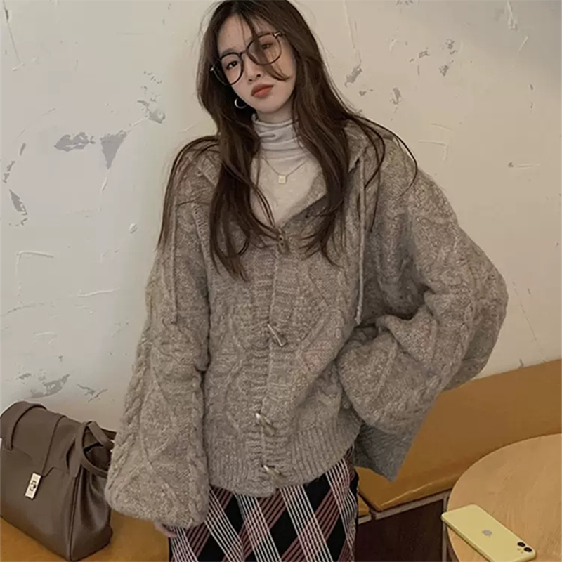 Autumn Winter New Knitted Cardigan Ladies Hooded Sweater Solid Color Long-sleeved Jacket Cashmere Casual Loose Top alx