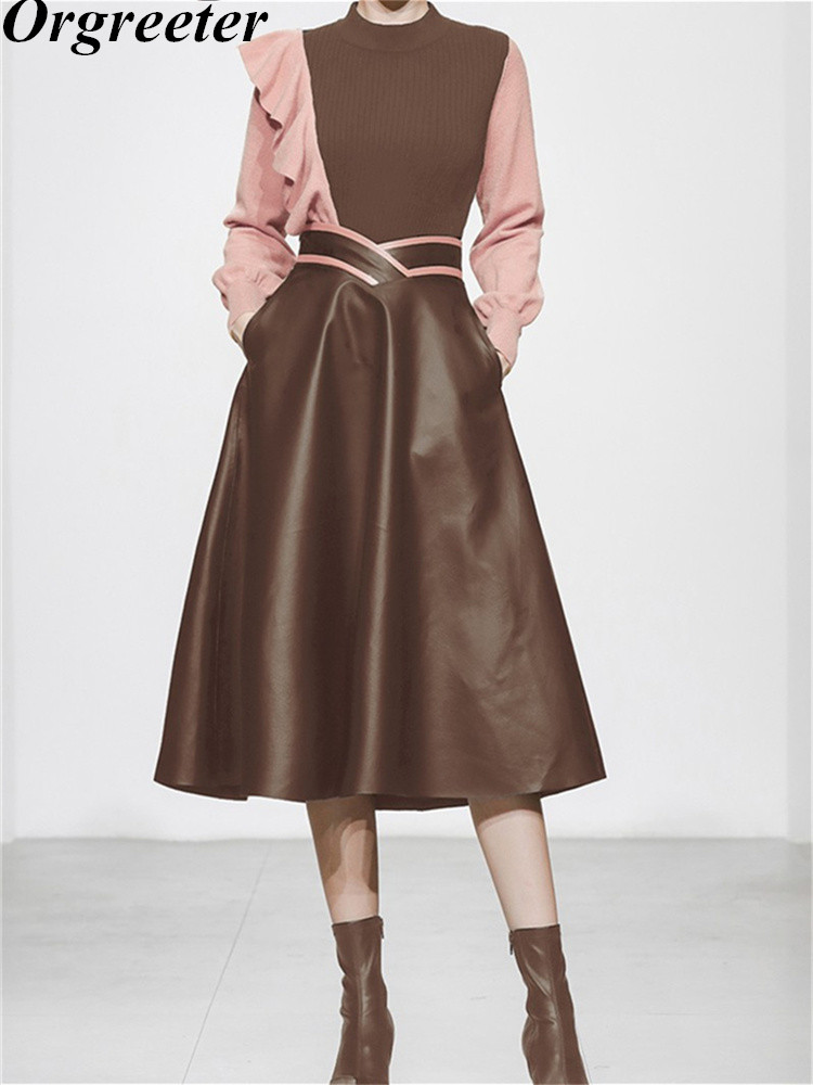 Autumn Winter Women’s Two Piece Sets Outfits Elegant Contrast Ruffles Sweater Top Ensemble Femme Brown Leather Long Skirt Suits alx