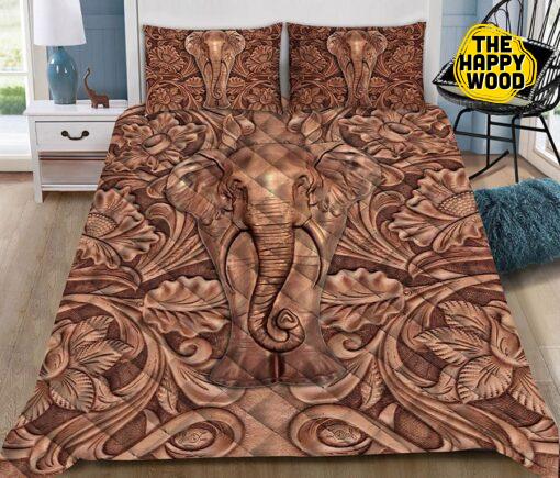 Elephant Wood Sculpture Quilt Bed Set And Pillow Covers