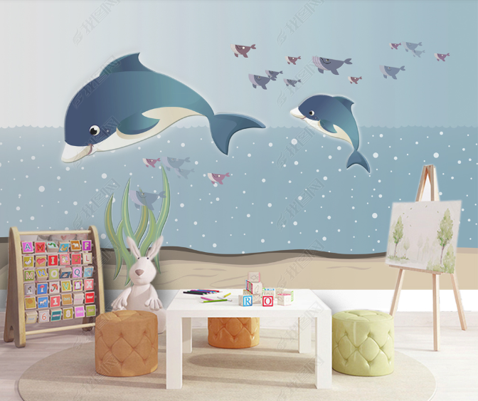 3D Hand Drawn Sea Dolphin Wall Mural Wallpaper Lqh 95