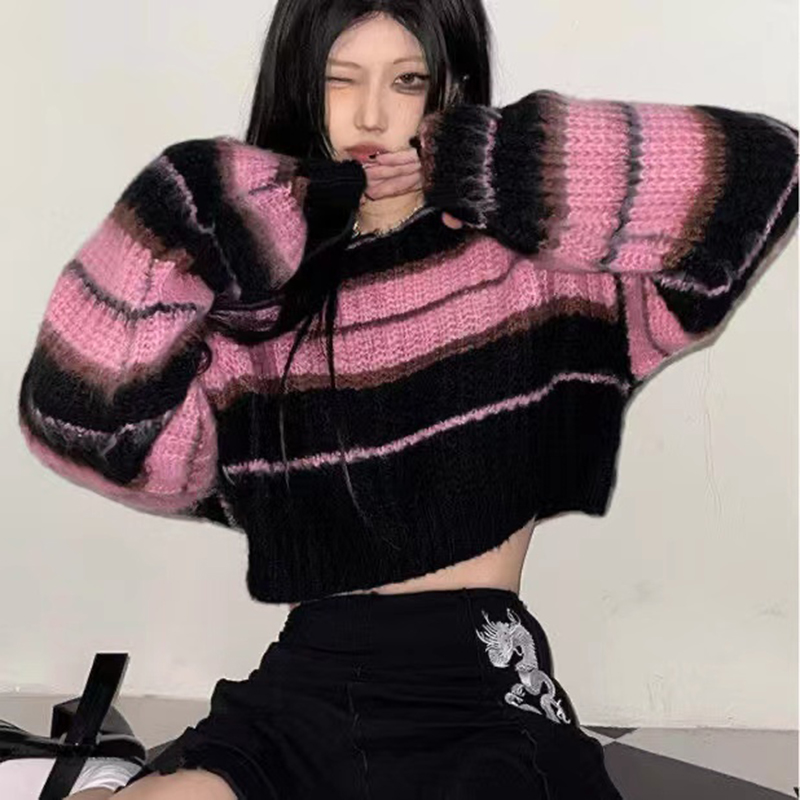 Y2K Streetwear Pink Cropped Knitted Sweater Woman Striped Jumper Vintage Female Autumn Long Sleeve Crewneck Pullovers Tops alx