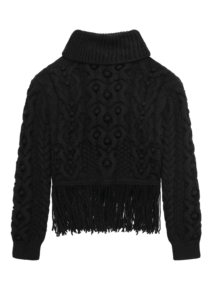 TRAF Black Turtleneck Women Sweater Fringed Knitted Cropped Sweater Woman Autumn Winter 2022 Long Sleeve Thick Sweaters Pullover alx