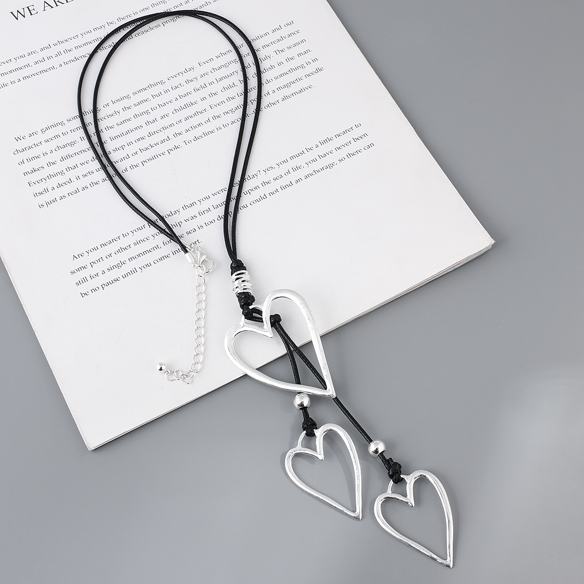 Amorcome Big Silver Color Heart Pendant Long Leather Necklace Boho Women Statement Ethnic Jewelry Lariat Necklace Mujer Collares alx