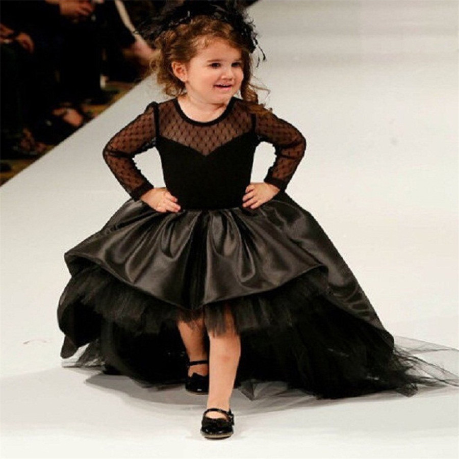 Black Flower Girl Dresses High Low Scoop Long Sleeves Floor Length Satin Tulle Ball Gown Kids Wedding Party Dresses alx