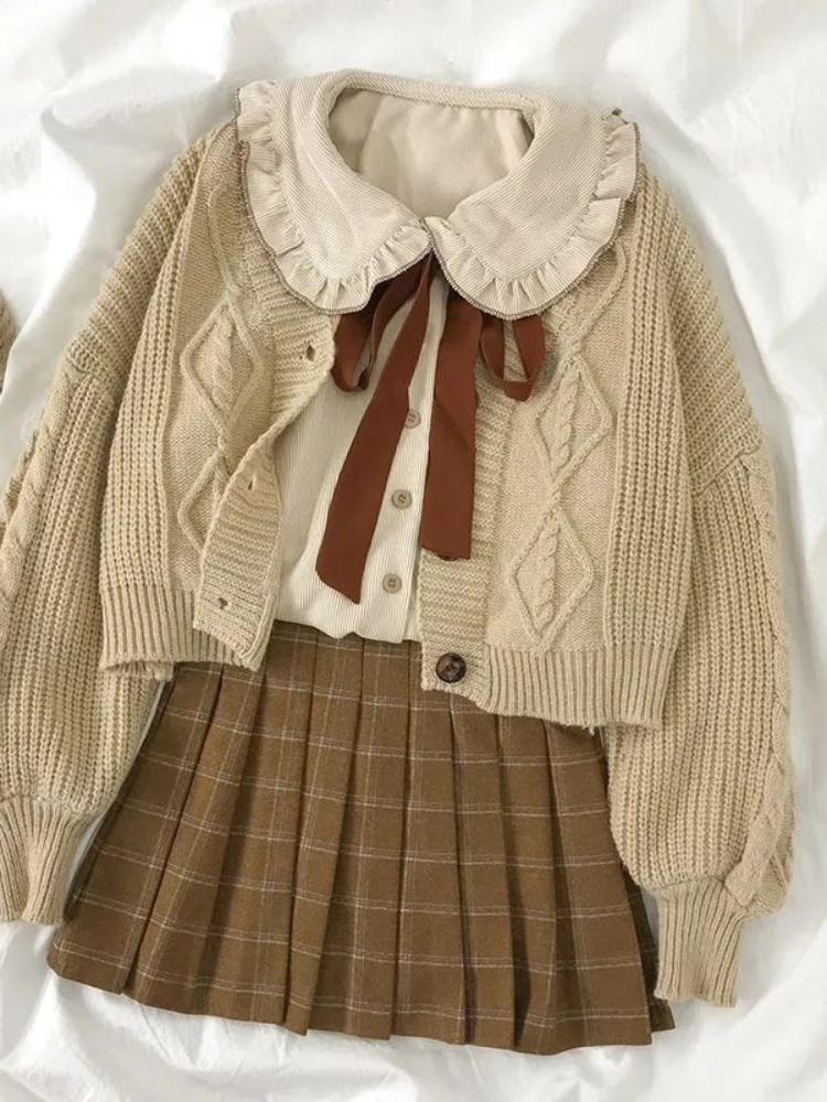 Vintage Preppy Suit Girl Knitted Vest Cardigan + Doll Collar Long-sleeved Shirt + Pleated Plaid Skirt Three-piece Spring Autumn alx