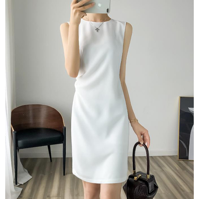 2022 Summer Round Neck Mid-length Sleeveless Dress OL Style White Black Women Dress Temperament Thin Dress Women alx