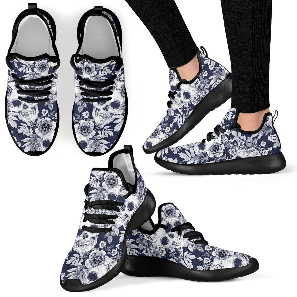 White Blue Skull Floral Pattern Print Mesh Knit Shoes