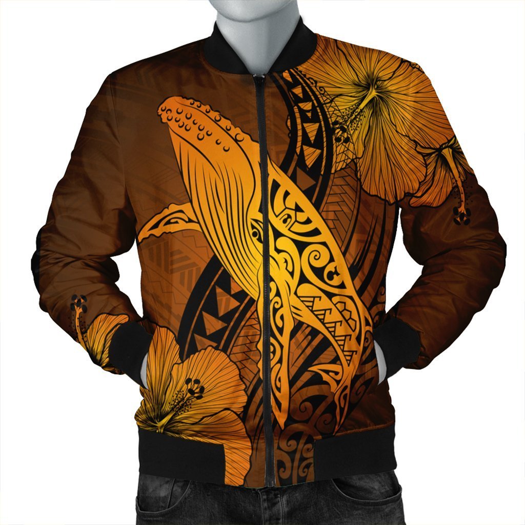 Hawaiian Map Whale Swim Hibiscus Polynesian Bomber Jacket – Orange