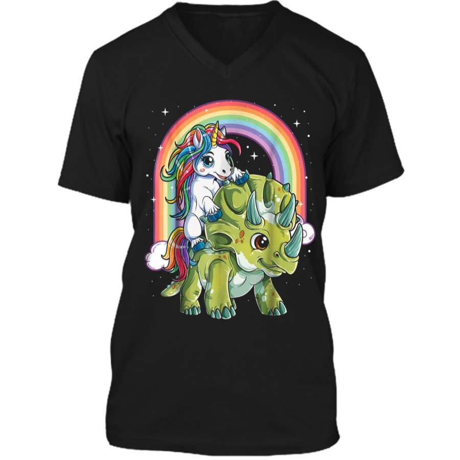 Unicorn Riding Dinosaur Triceratops Party Rainbow Mens Printed V-Neck T