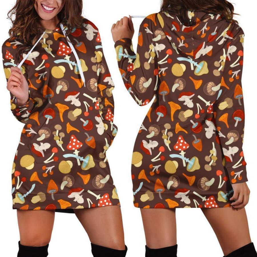 All Over Printing Red Mushroom Hoodie Dress