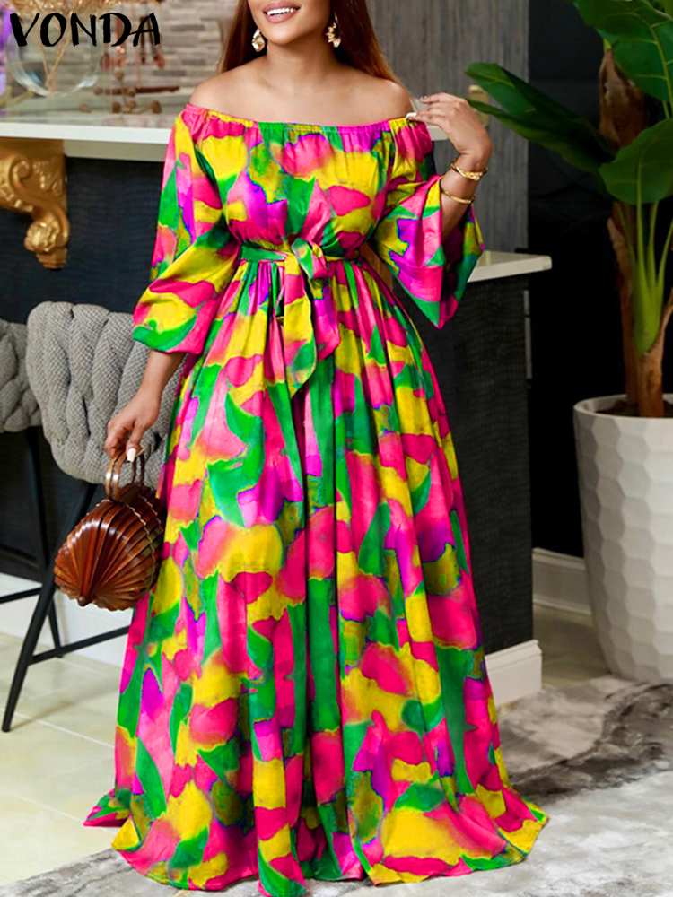 VONDA Stylish Oversized Femme Summer Vestido Women 3/4 Sleeve Maxi Robe Off Shoulder Full-Length Printed Sundress Party Dresses alx