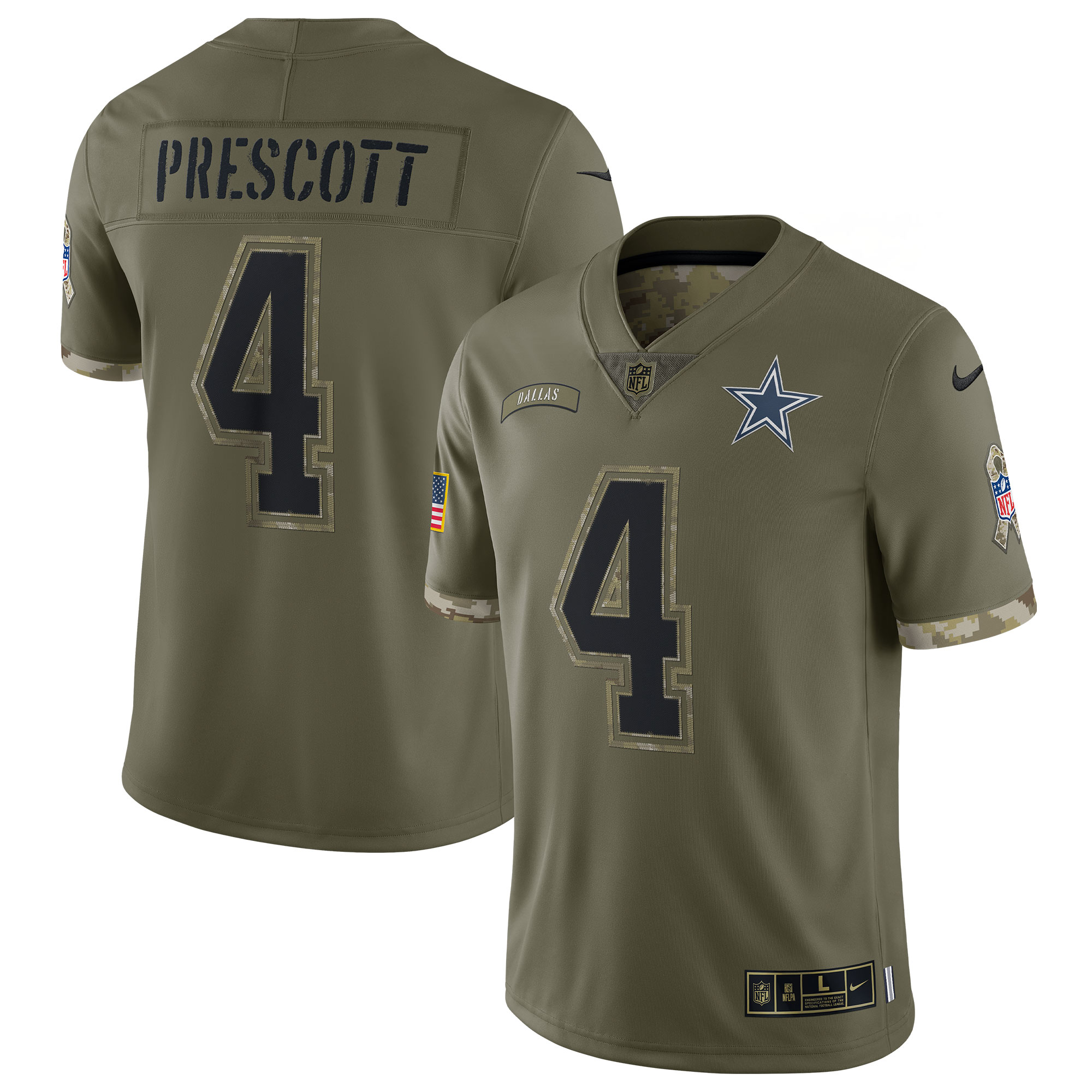 Youth Dallas Cowboys Dak Prescott Olive 2022 Salute To Service Player Limited Jersey