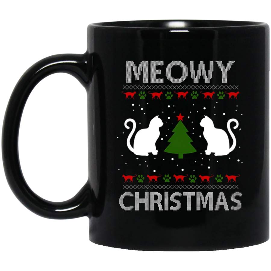 Cat Meowy Christmas Ugly Christmas Sweater Style 11 oz 15 oz Black Mug