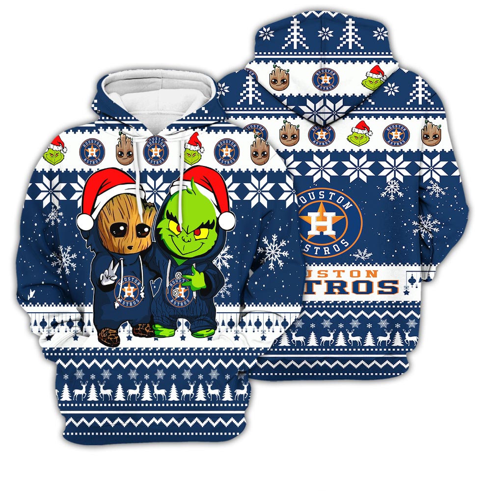 Houston Astros Baby Groot And Grinch Best Friends Football American Ugly Christmas Sweater New Trends For Fans Club Gifts Unisex 3D Hoodie