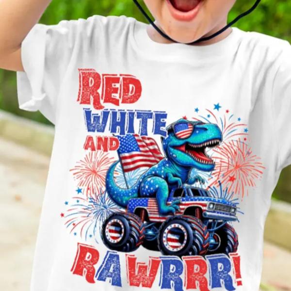 Youth and adult American Flag Dinosaur Shirt, 4th of July Patriotic Shirt for Boys, Red White and Rawr Shirt Casual Cotton Lightweight Shirt, toddler youth shirt, kids clothing, birthday gift, summer tee, Family trip, holiday outfit