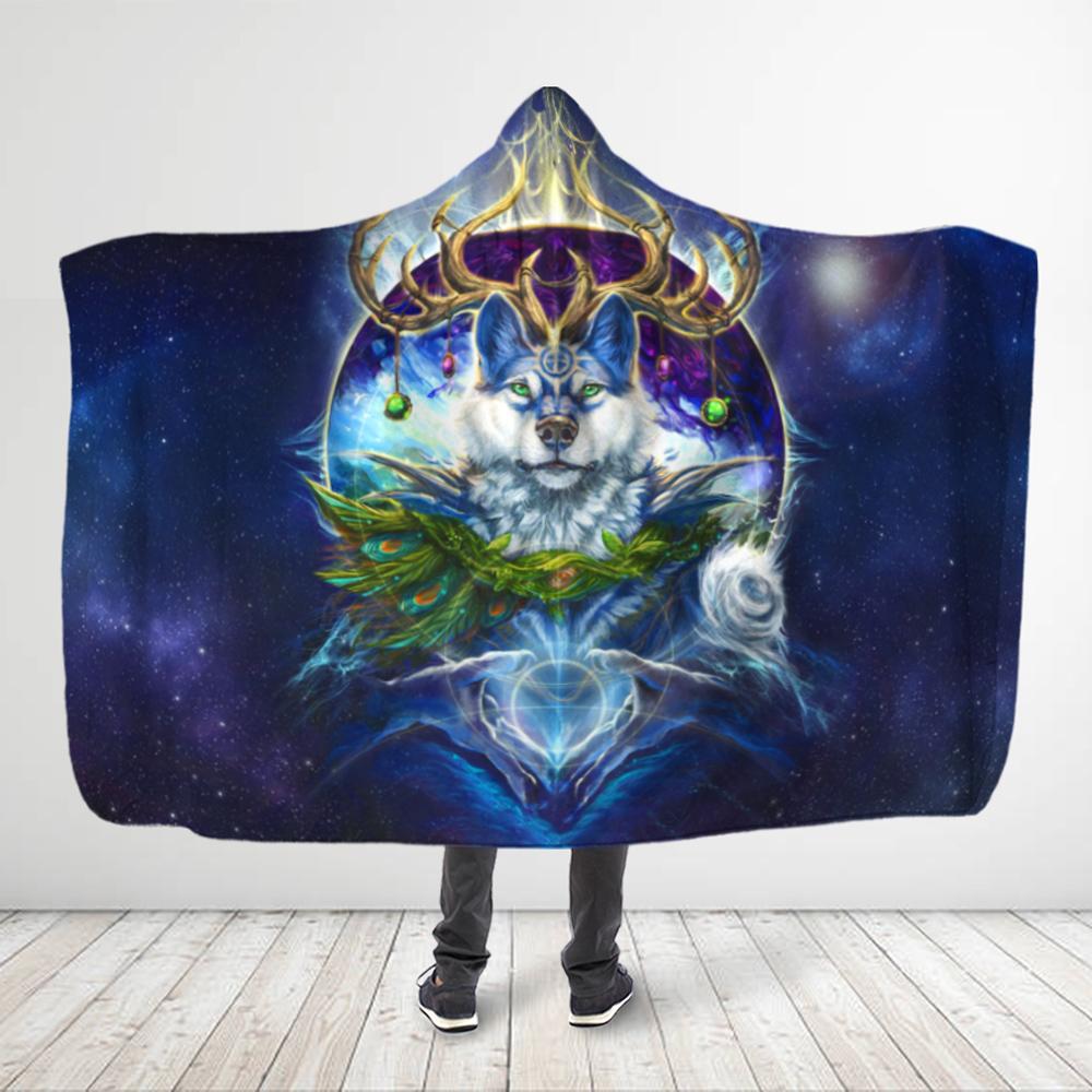 ViticStore™ Native American Wolf 3D All Over Printed Galaxy Blue Wolf King Hooded Blanket