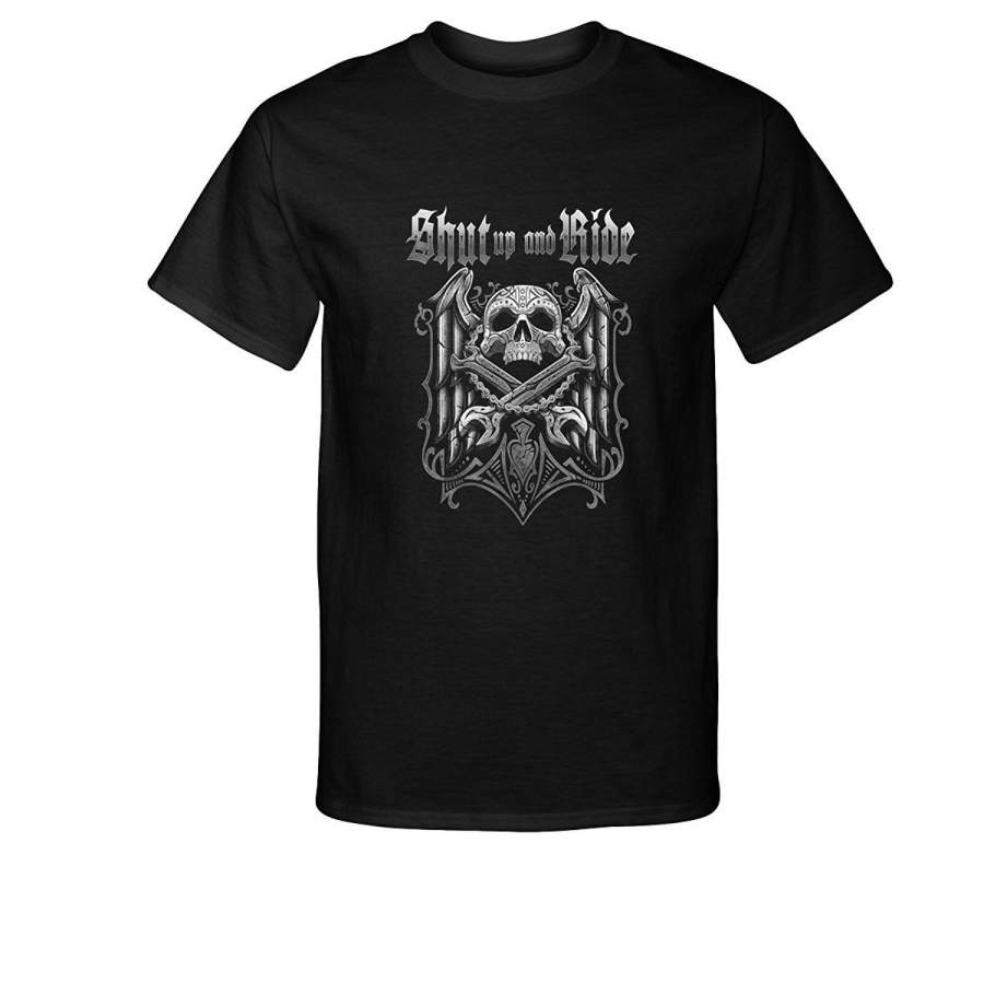 Shut Up And Ride Skull With Chain And Spanners Biker T-Shirt Fashion O-Neck Short Sleeved T Shirts Summer Funny Loose Tee Shirt For Men