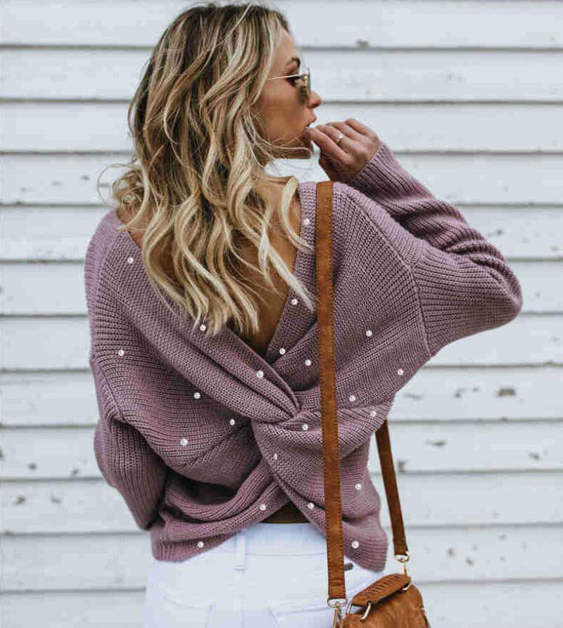 2022 Women Back Criss Cross Beading Knitted Sweater Autumn Winter Elegant OL Warm Pullovers Fashion Solid Jumper Knitwear Pull alx