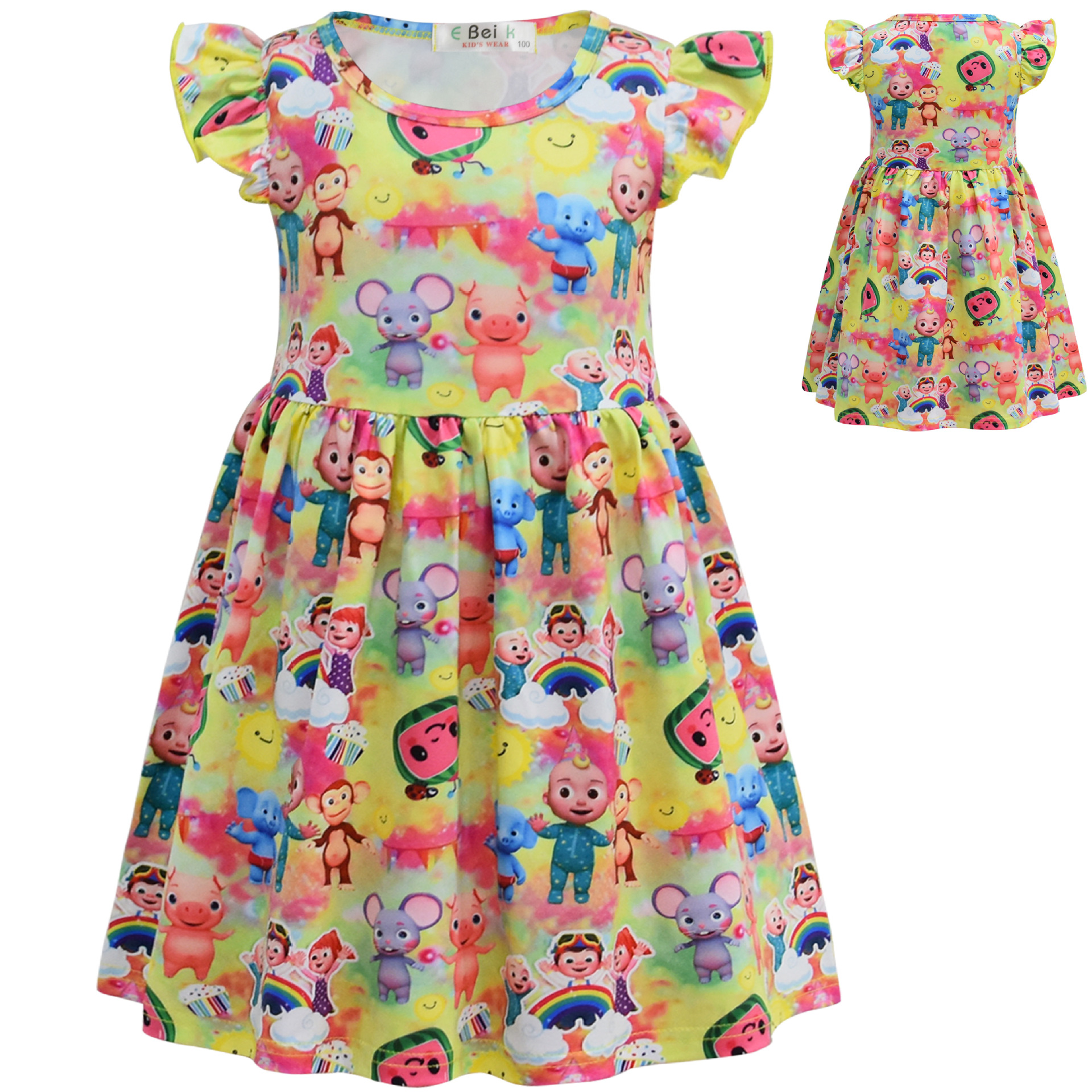 Baby Girls Casual Toddler Dress Cartoon Cocomeloned Printed Flying Sleeves Summer Dresses Kids Carnival Party Clothes alx