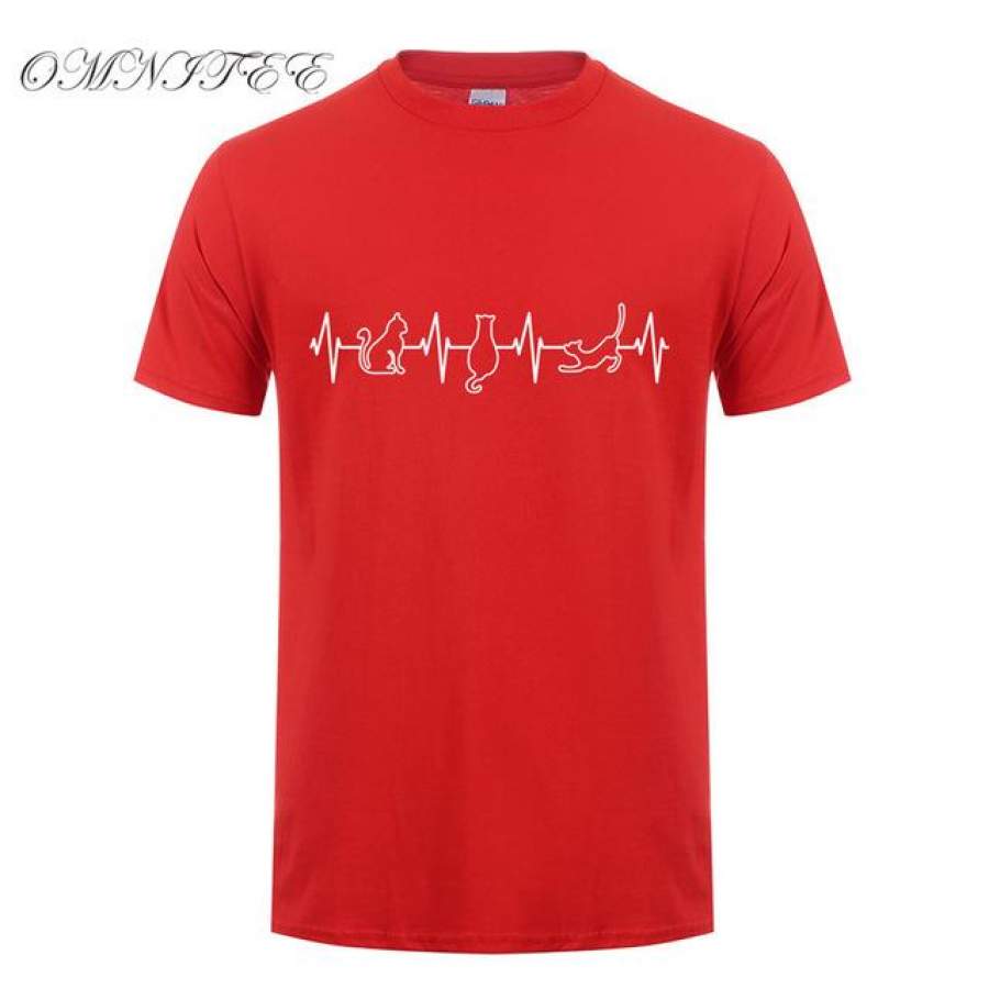 Summer Lovely Cat of Heartbeat Men O-neck Short Sleeve Cotton T-shirt