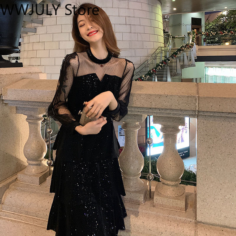 2021 Winter Evening Party Dress Women Lace Design Korean Fashion Vintage Y2k Midi Dress Long Sleeve Black Cupcake Dress Female alx